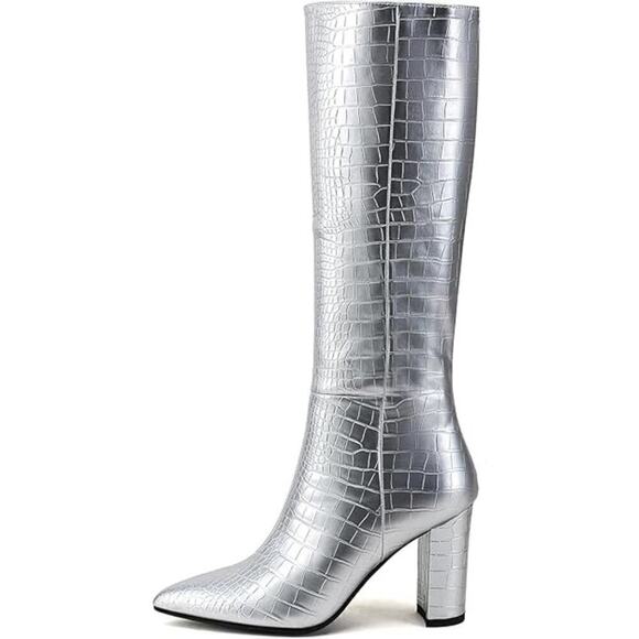 NEW Modatope Knee High Boot Women GoGo Boot Faux Crocodile Boot Heel Pointed Toe - Picture 4 of 6